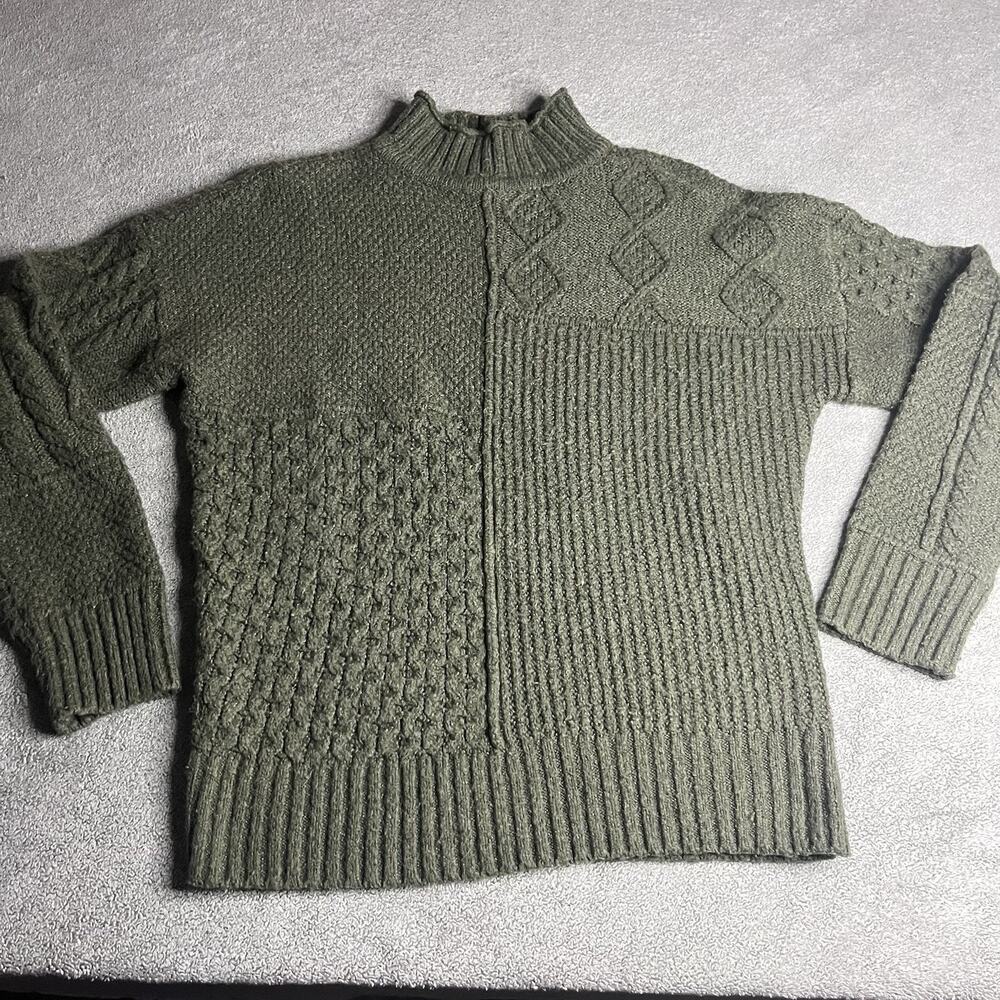American Eagle Patchwork Cable Knit Mock Neck Sweater Green XS Women's B392